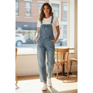 Fashion Jeans SZ S Overalls Light Wash Distressed Denim Carpenter Zip Fly #437